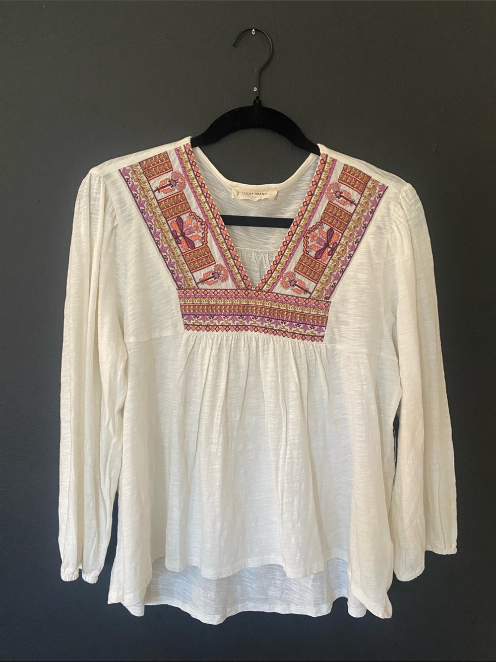 Lucky Brand Women’s BOHO Ivory Embroidered Peasant Top NWT